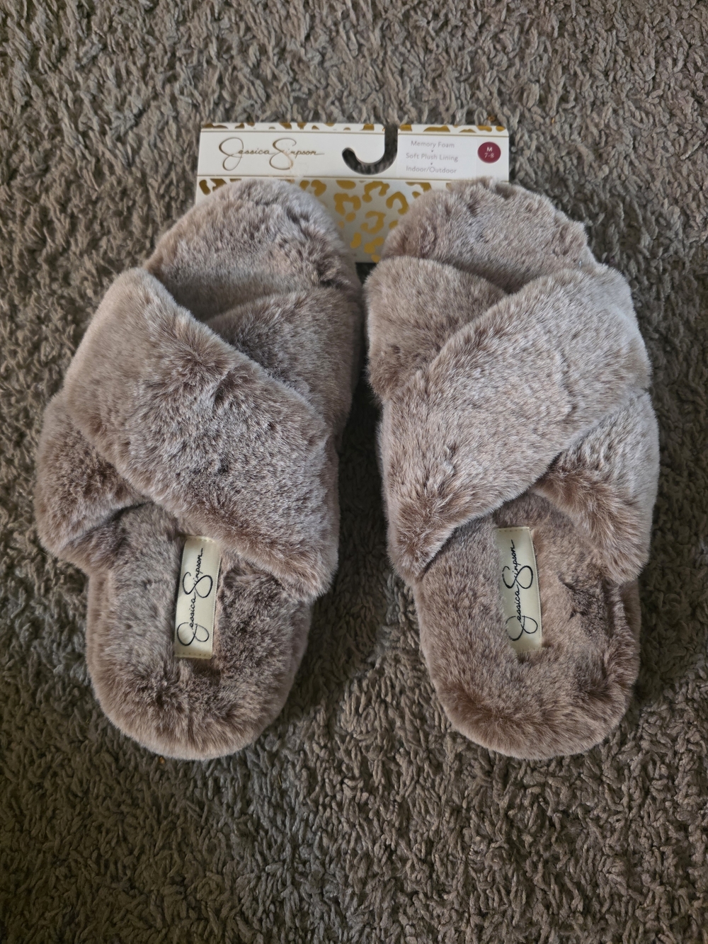 Jessica Simpson Plush Taupe Crisscross Faux-Fur Slippers